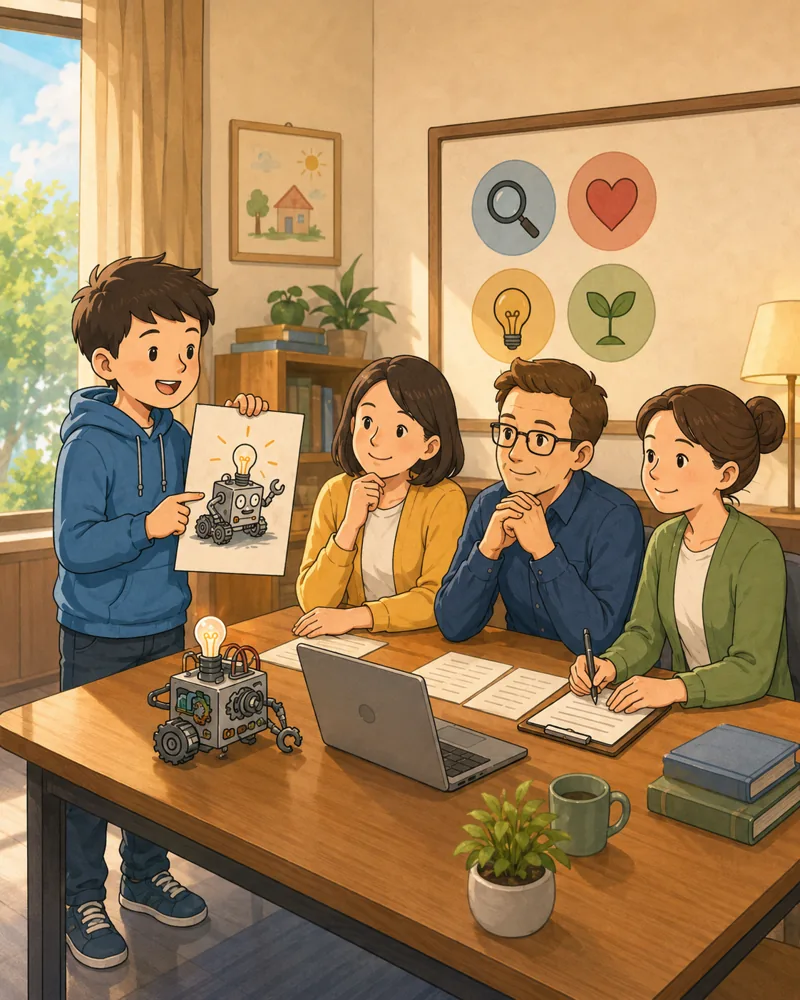 录取制 · 孩子向家庭与评委展示作品,墙上是创造者人格特质