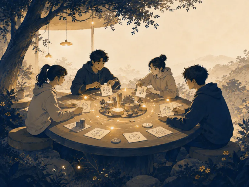 社会性学习:四个少年围坐一桌共创——交互、反馈、思维碰撞