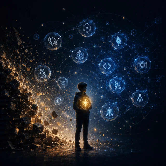 成为·能力的累积正在坍塌:少年被各种技能的光球环绕,能力从慢慢积累变为随取随用的调用编排